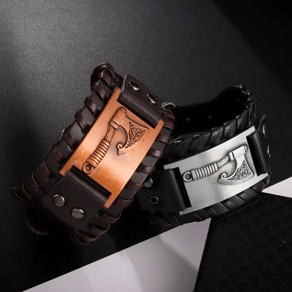 

Nordic Totem Charm Wide Leather Bracelet Viking Great Axe Men's Bracelet Punk Leather Woven Accessories Party Jewelry Wholesale