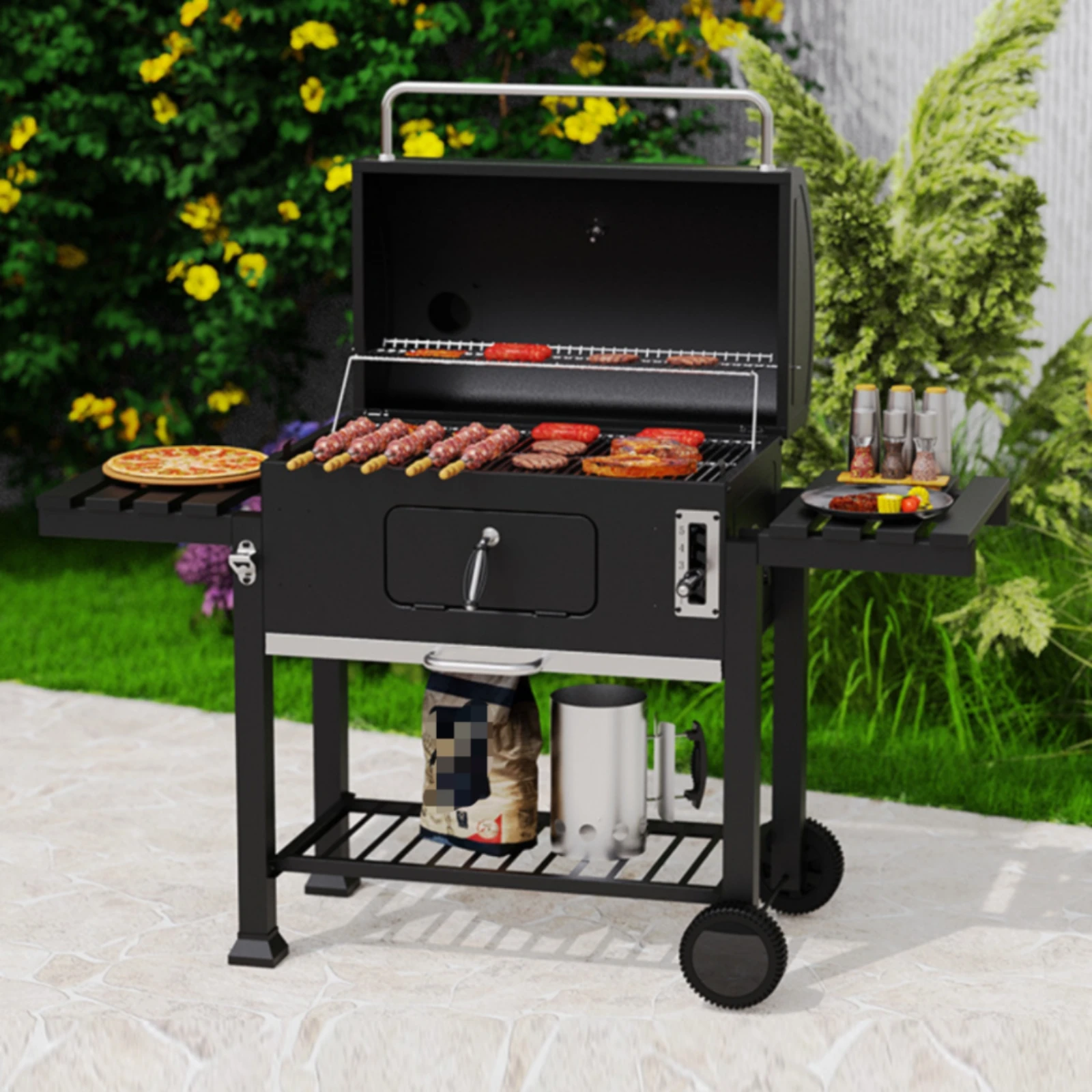 Trolley Charcoal Barbecue Side Shelves Barbecue Grill with Lid Wheeled Charcoal Grill Lower Storage Rack Outdoor Cooking