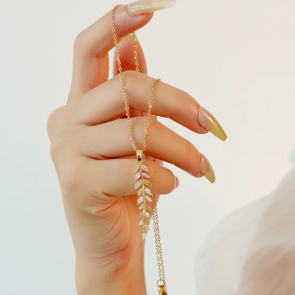 DIEYURO 316L الفولاذ المقاوم للصدأ الذهبي ليف ريشة دلاية من حجر الزركون قلادة للنساء الاتجاه الجديد موضة الرقبة مجوهرات هدية عيد #4