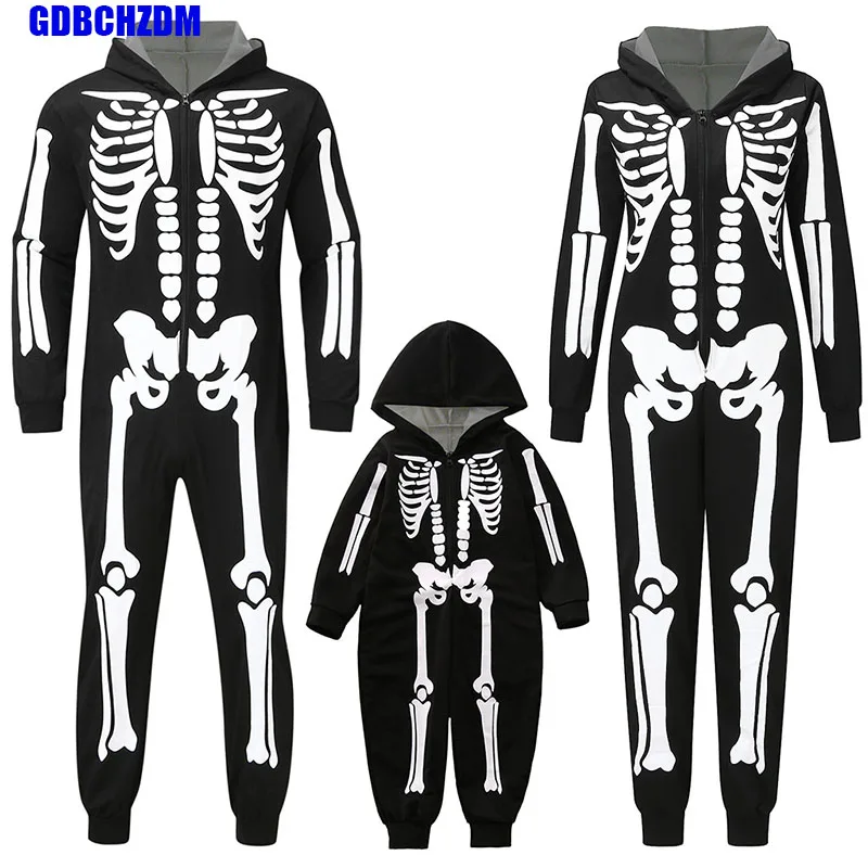 Halloween Carnival Outfit Family Costume Bone Skeleton Jumpsuit Cosplay Zipper Hooded Romper For Adult Kids Women Men Boy Girls