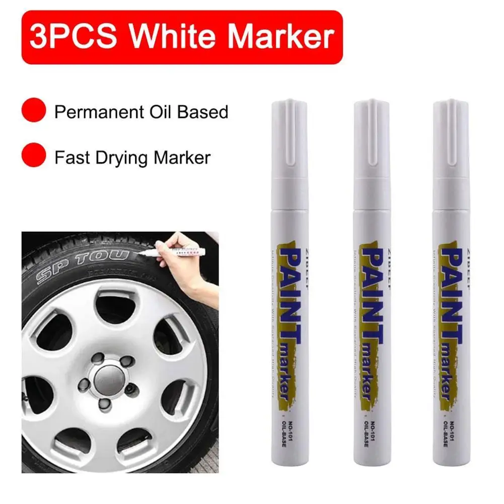 3PCS White Oil Based Paint Marker Pens Set Waterproof Permanent Quick Dry for Car Tires Rubber For Transparent Dark Surfaces