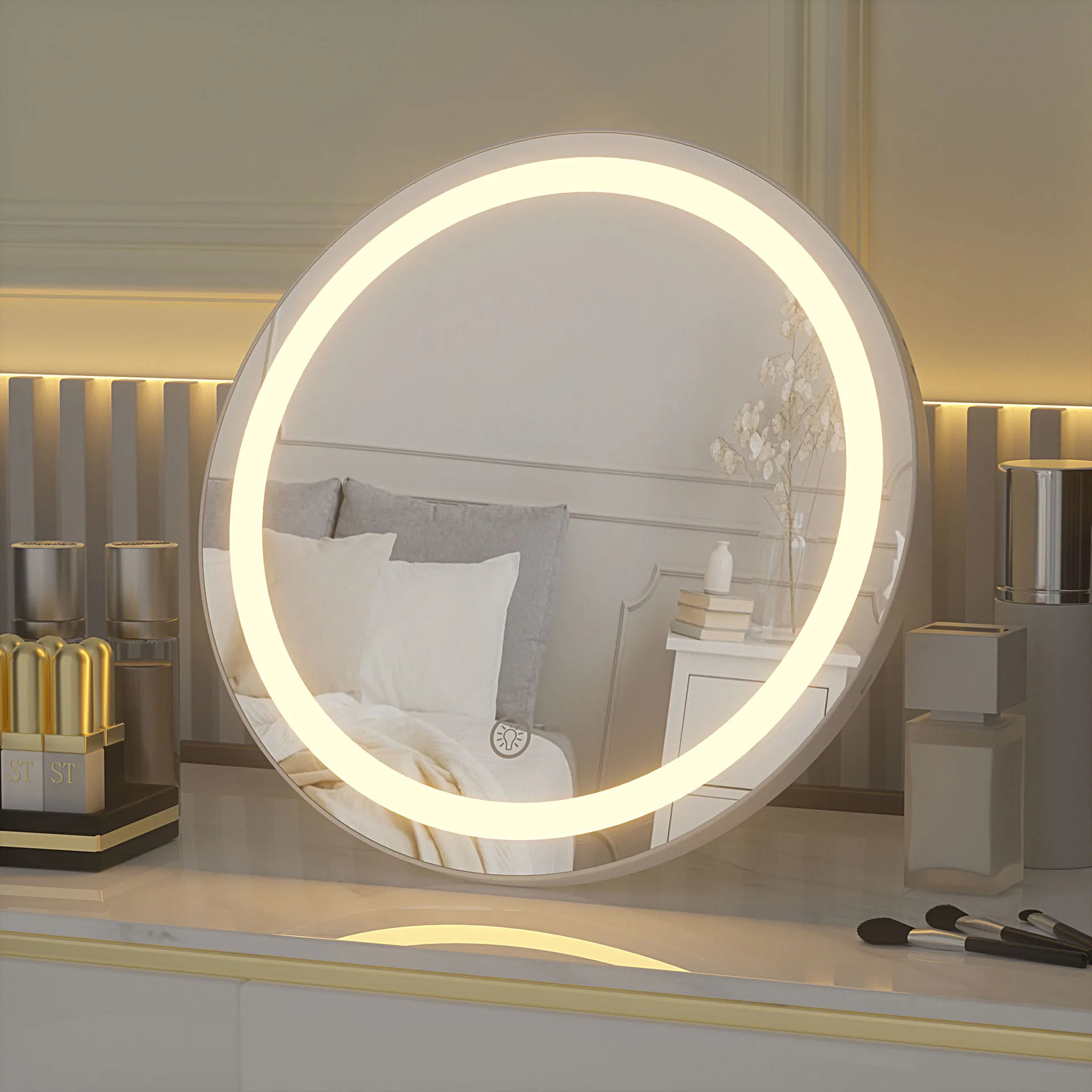 Supply round desktop makeup mirror with light diameter 30cm can be hung on the wall one key three-tone light led mirror