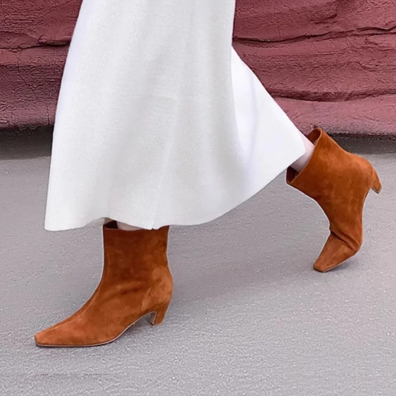 Ankle Boots Kitten Heel Ladies Winter Shoes Sheepsuede Spring Autumn Women Boots Sip On Leather Winter Shoes Square Toe Size 43