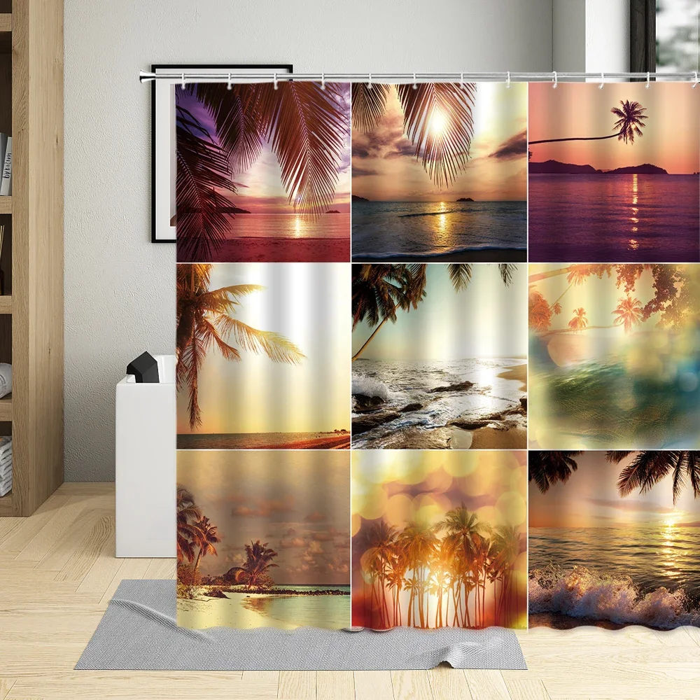 Summer Day Seaside Sunset Landscape Shower Curtain Coconut Tree Sunlight Bird Bathroom Home Decorative Cloth Machine Washable