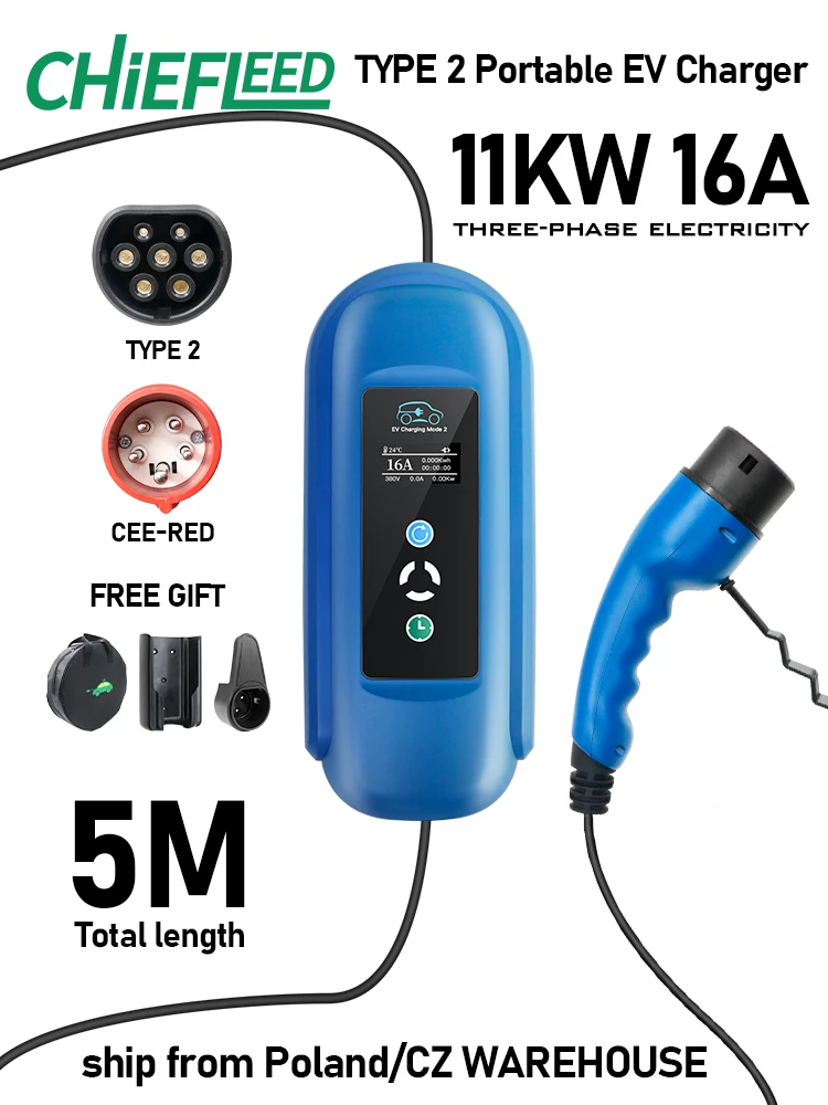 Chiefleed Tragbares EV-Ladegerät 16A 11KW Typ 2 Stecker, Stromstärke einstellbar 6/8/10/13/16A, Timer 1-15 Stunden, Ladezeit für Elektrofahrzeuge, 5M Kabel inklusive Netzkabel