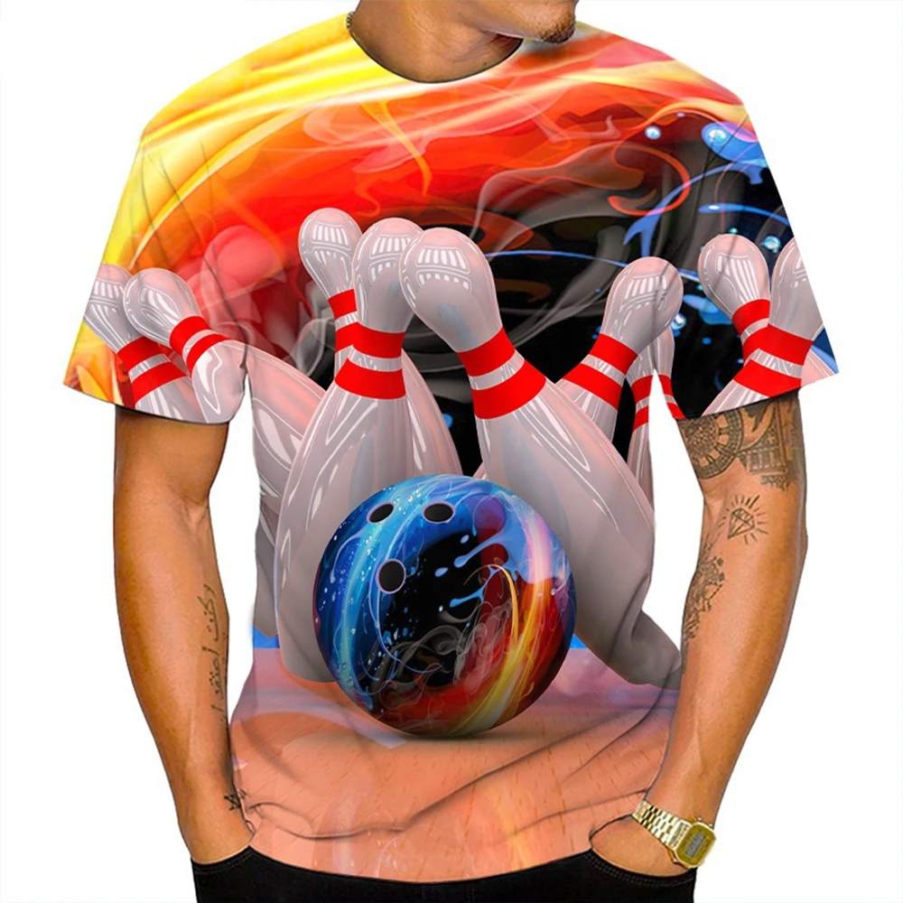 Summer fashion trend, fun and novel 3D printed bowling print pattern men\'s T-shirt casual neutral round neck comfortable top