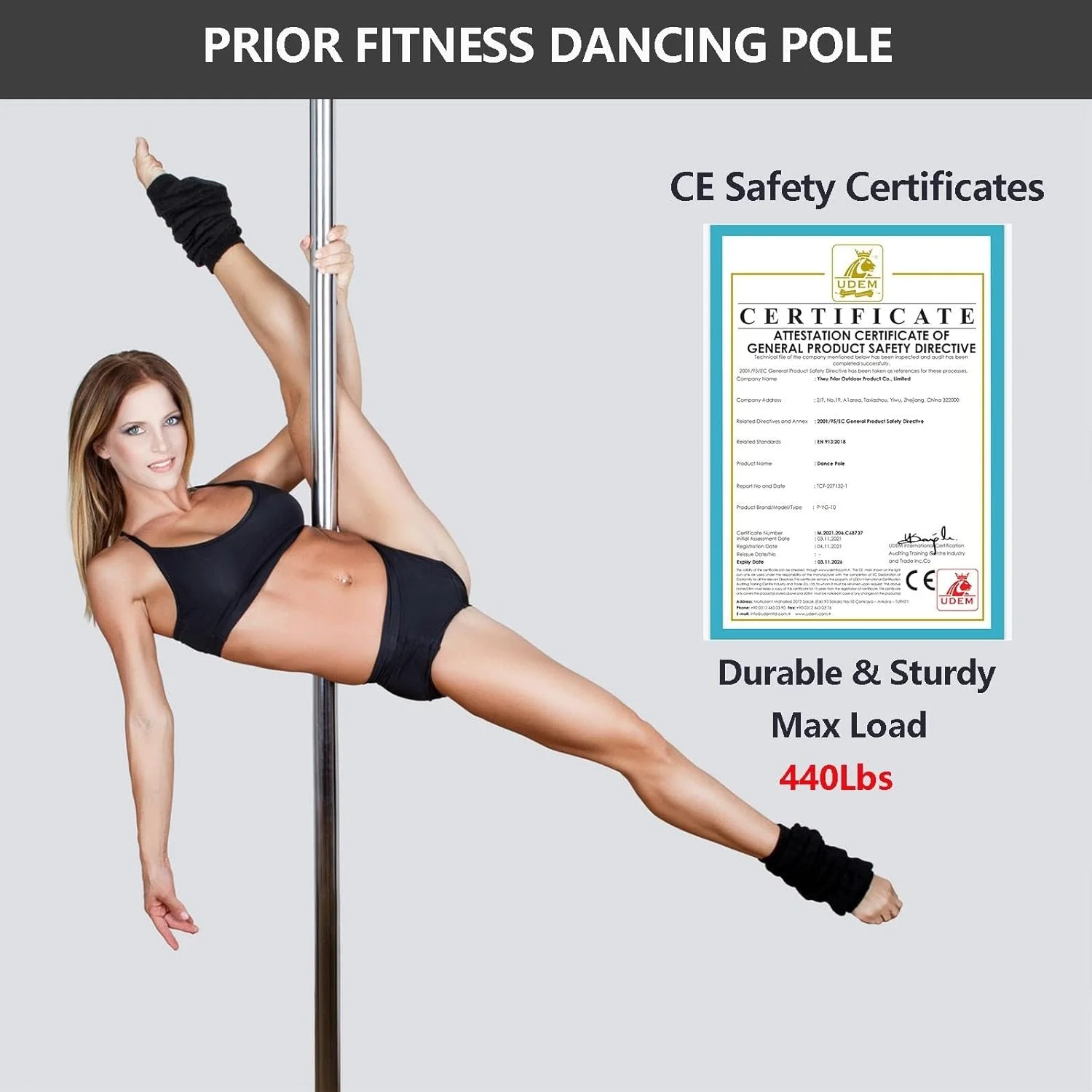 PRIOR FITNESS 45mm Anti-Slip Chrome Pole Dance Kit Adjustable Height 2.4-2.7m Spinning Static for Home Studio Performance