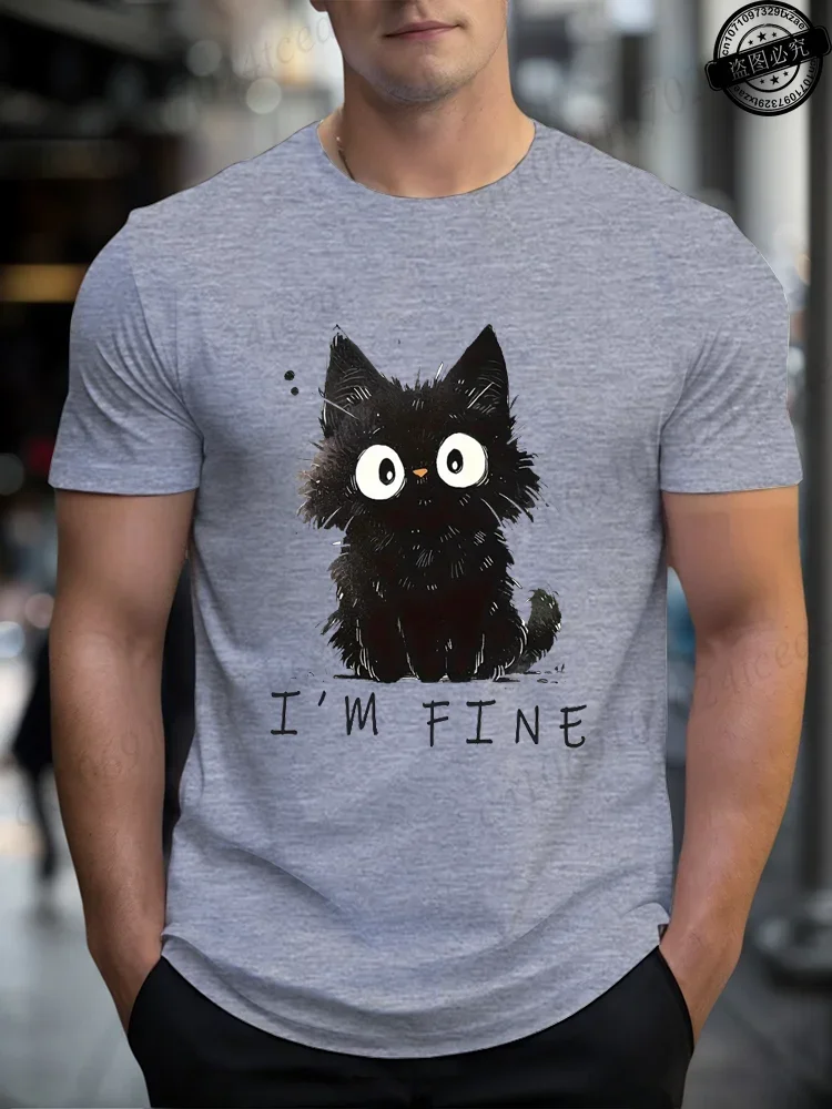 Fashion Men's I'm Fine Messy Black Cat T-Shirt Funny Sketch Cat Letter Graphic Crew Neck Short Sleeve Casual Humor Daily Tee