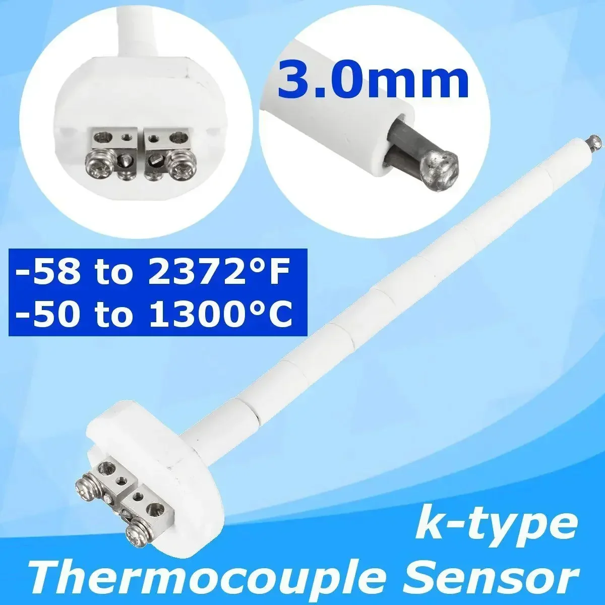 High Temperature K Type Thermocouple Sensor Ceramic Kiln Furnace 2372F 1300C 3mm Stainless Steel probe 1300 degree