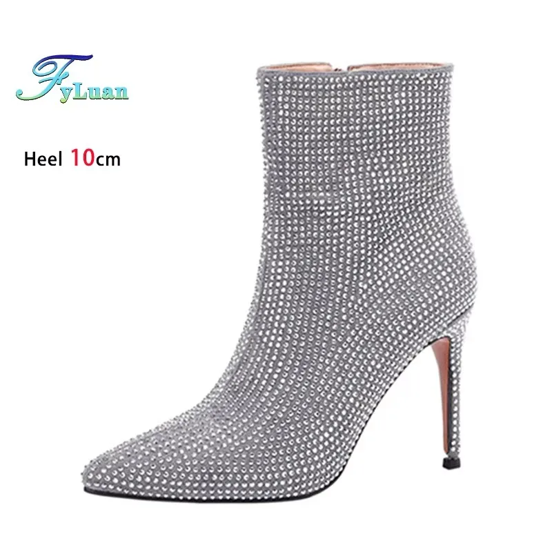

Silvery Short Boots 10CM Thin High Heels Luxury Rhinestones Party Shoes Glitter Ankle Boots Side Zipper Ladies Pointed Booties