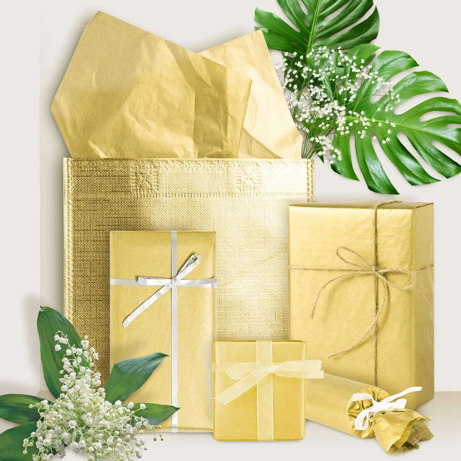 AED6-Gold Tissue Paper, 100 Sheets Metallic Gift Wrapping Paper For Birthday Party,Anniversary Valentine's Day Decoration