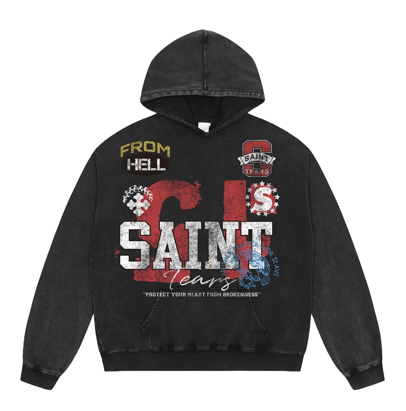 Saint Hoodies Hip Hop Vintage Heavy Wash Make Old Cotton Hoody Sweatshirts for Men Women Haikyuu