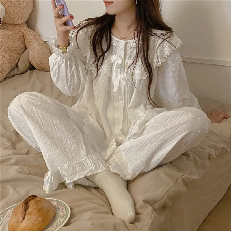 2024 New Pajamas Women\'s Spring and Autumn Sweet Princess Style White Lace Long Sleeve Home Clothes suit Pure Women\'s Style