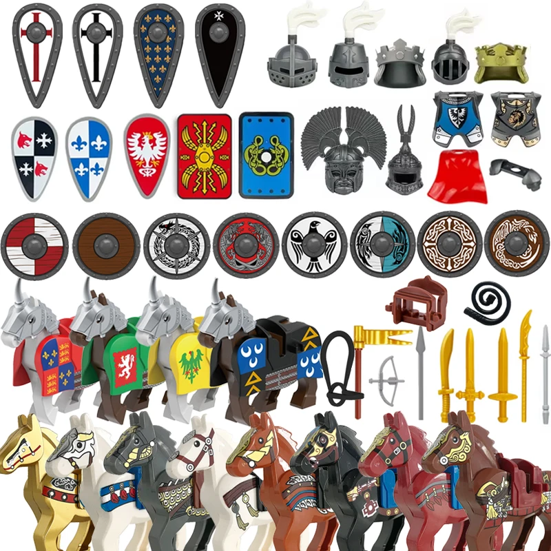 MOC Medieval Military Building Blocks Roman Crusader Figures Printed Combat Equipments Army Flag Shield War-horse Assembly Brick