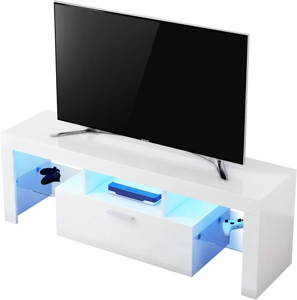 Modern White TV Stand for 32/40/50/55+ Inch , Entertainment Center Console, 16 Color LED Light Wood  Table Stand