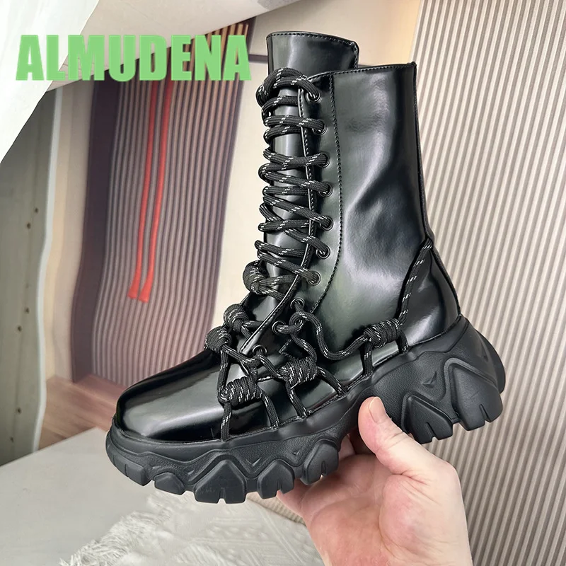 Black Women's Short Boots for Summer Thin and Thick Soled Shoes Height Increasing and Slimming Lace Up Design Mid Length Boots