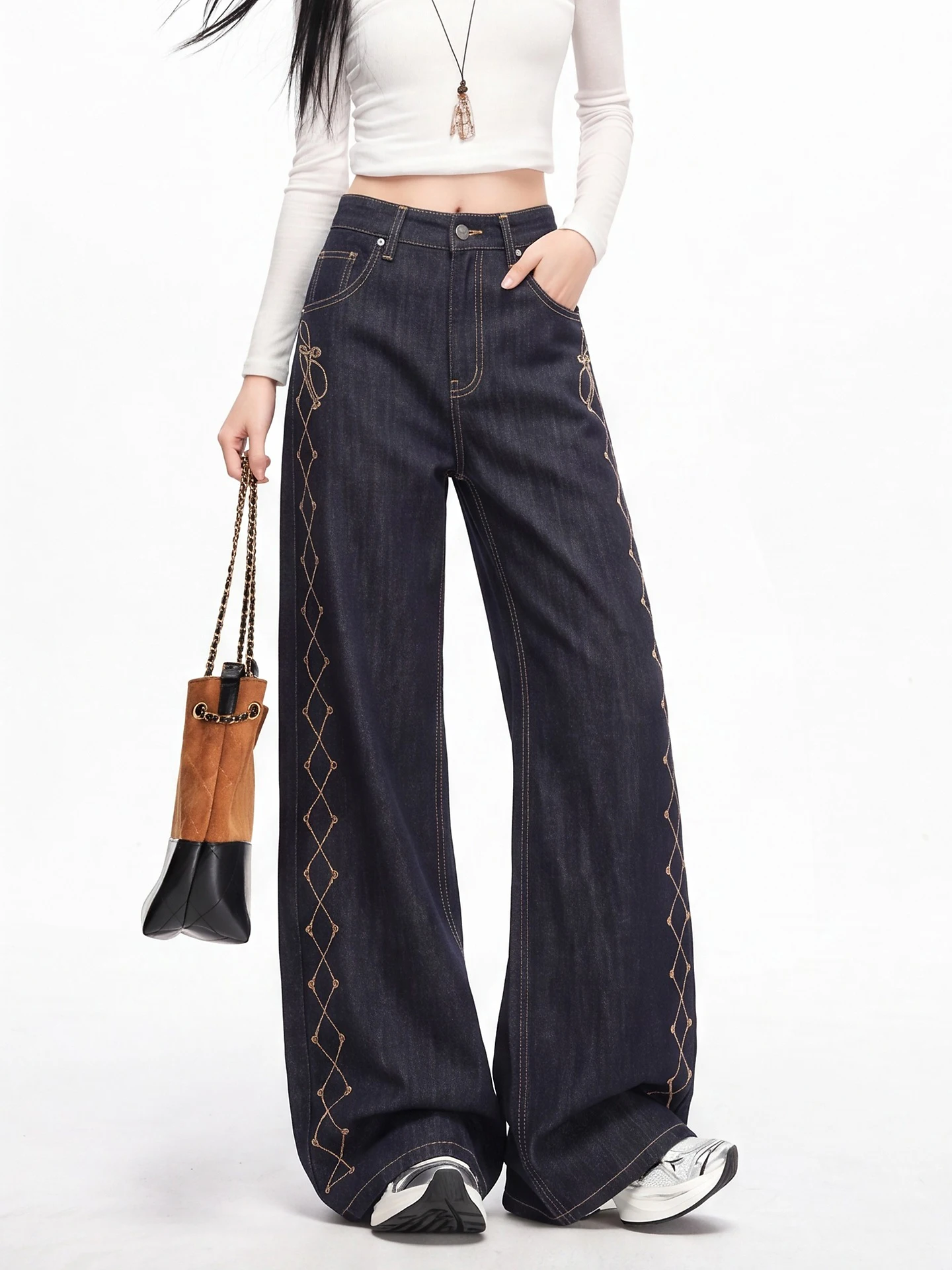 Deep Blue High Waist Loose Wide Leg Jeans Women's Side Stitched Casual Cotton Denim Floor Length Trousers Trendy