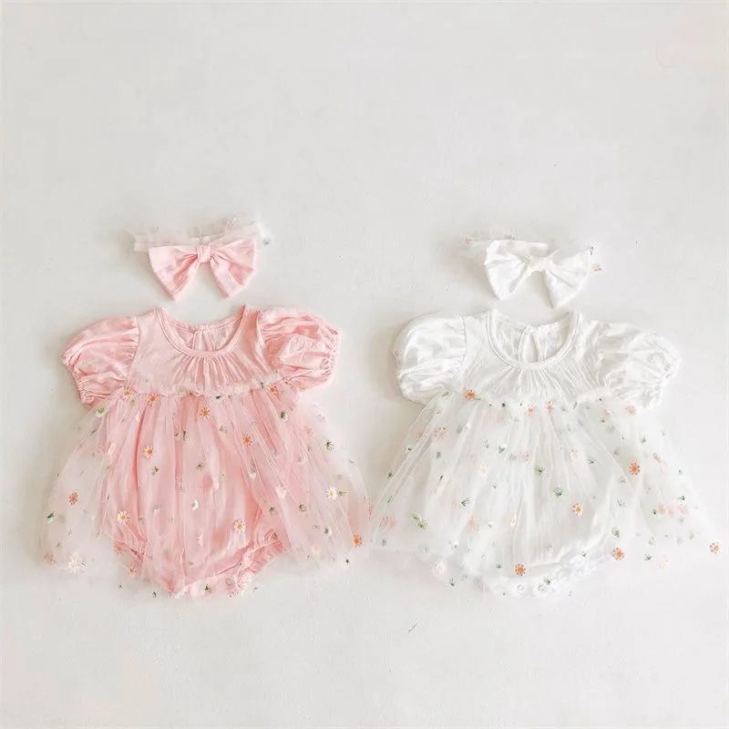 

Newborn Baby Girl Casual Cotton Short Sleeve Romper Dress Infant Toddler Fairy Flower Tulle Jumpsuit Summer Baby Clothes 3M-18M