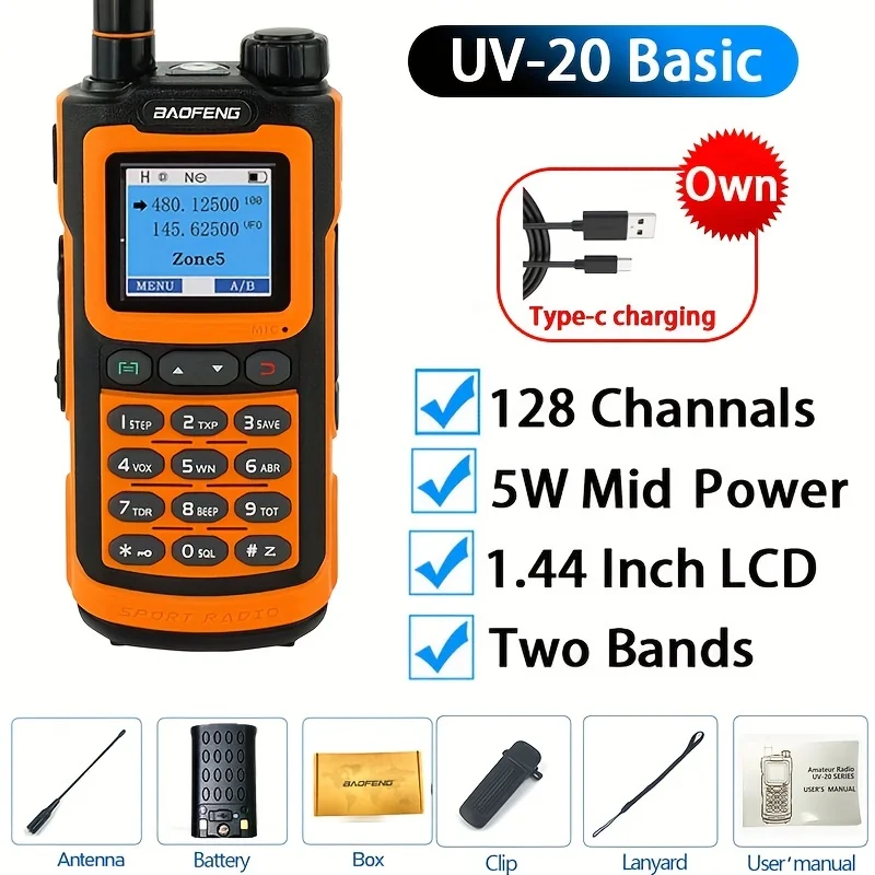 Baofeng UV-20H Type-C Charge Rapide Haute Puissance Walperforé prudent kieLongue Portée Portable Ham Radios AmPuebleTwo Way Radio UHF VHF