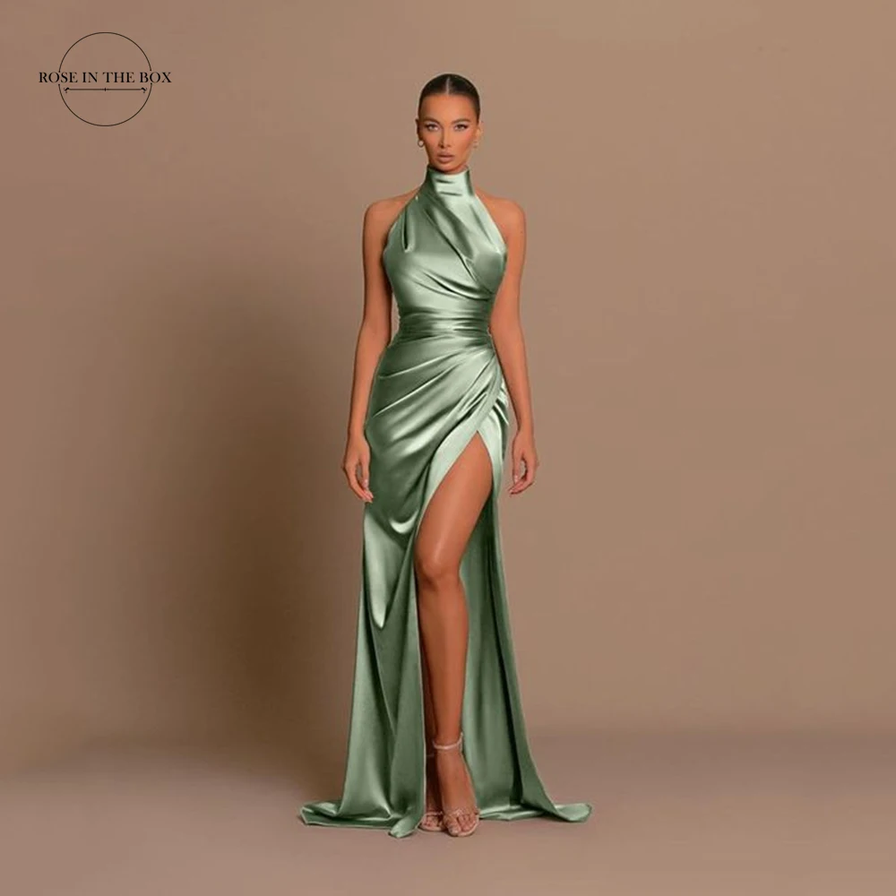Vestidos de dama de honor con cuello Halter para mujer, elegante vestido de fiesta de satén con abertura larga y fruncido, vestidos de fiesta de