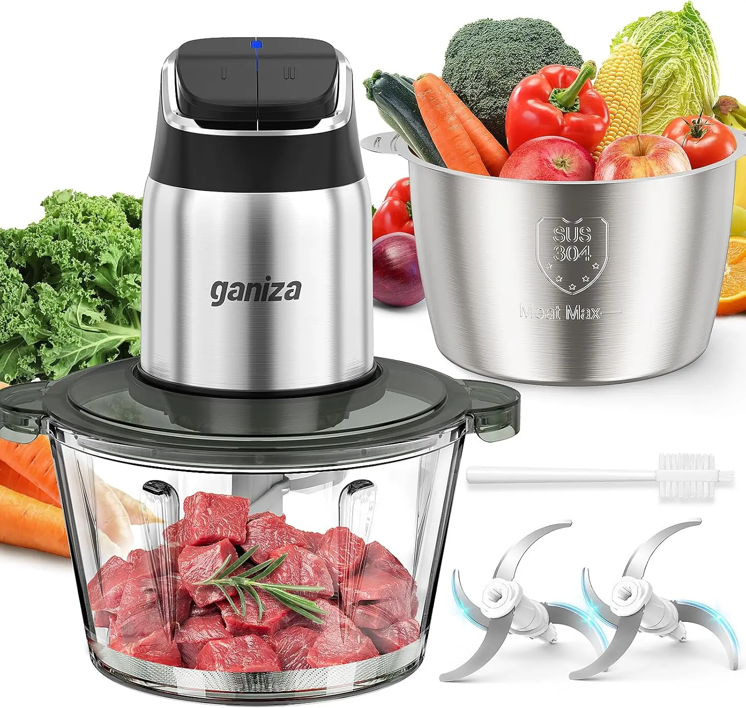 

Food Processor, 2-Speed Chopper Grinder with 8-Cup Stainless Steel & Glass Bowls, Overheat Protection, Includes Brush & 2