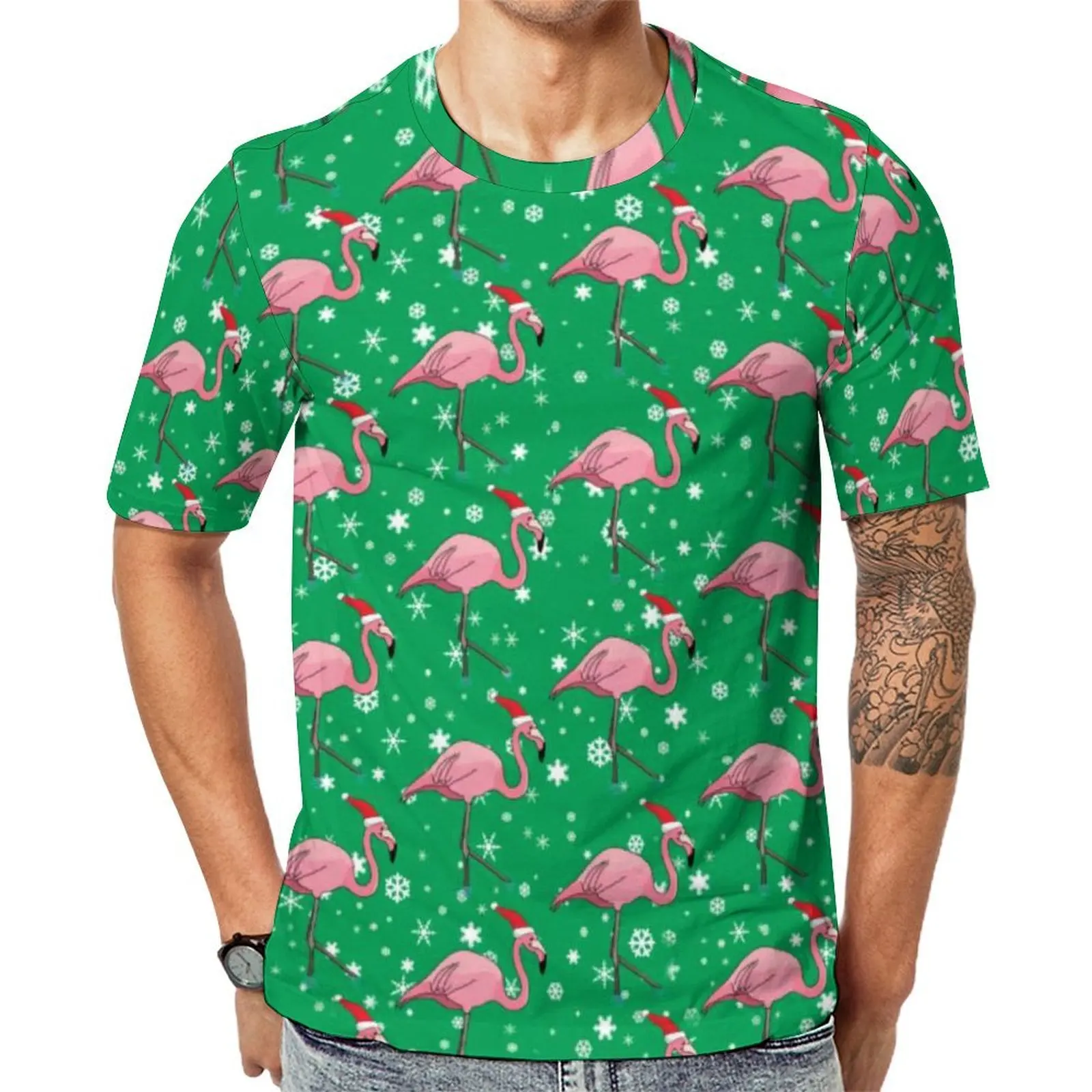 Camiseta de talla grande con estampado original de pájaros de dibujos animados, camisetas con diseño de flamencos, estilo navideño, cuello redondo, camiseta moderna para hombre, camisetas personalizadas.