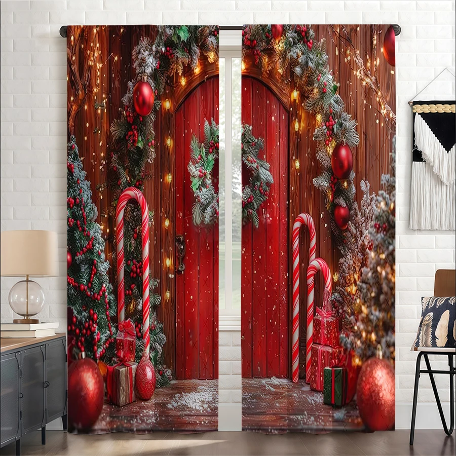 2PCS Christmas Winter Curtains, Red Door Candy Tree, Digital Print, Bedroom Living Room, Rod Pocket, Polyester, Home Decor
