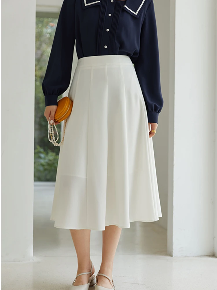 DUSHU Elegant Black Long Skirt Pleated Skirt Women Vitnage White High Waist Skirt Female Autumn Winter A-line Skirt