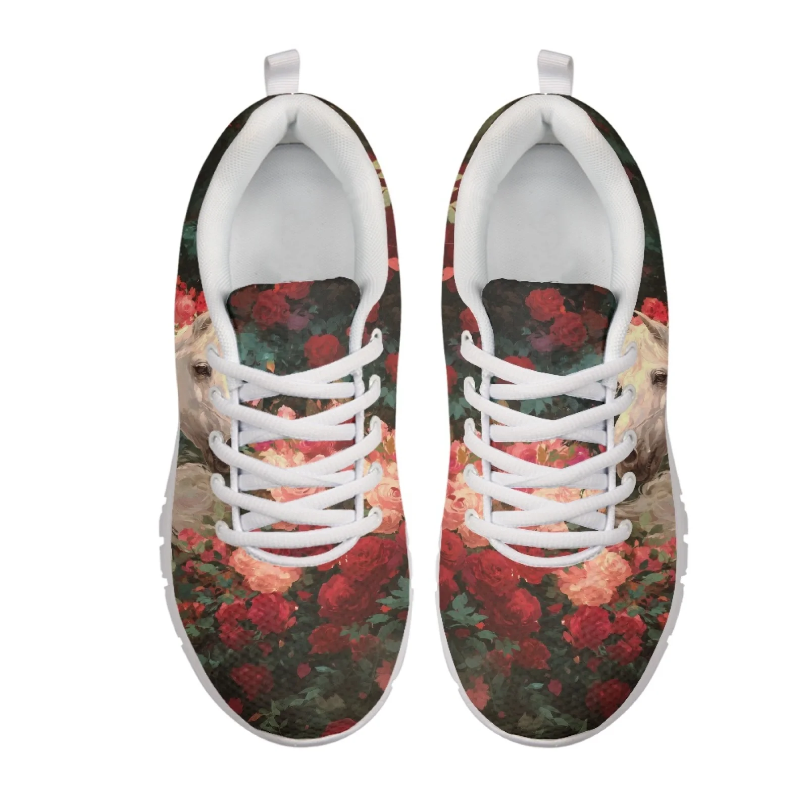 Coloranimal White Horse Red Flower Design Sports Shoe Mesh & EVA Sole Fitness Shoes Comfortable Athletic Footwear for Men