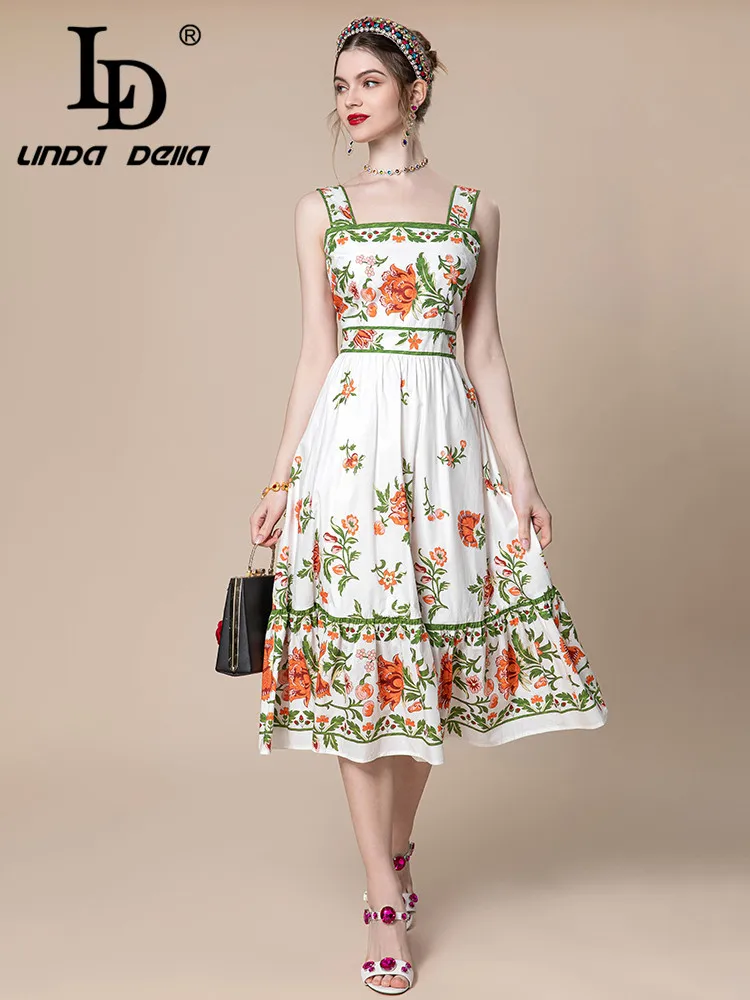 

LD LINDA DELLA 2024 Summer Runway Designer Elegant Dress Women's Suspender Splice Print Draped Party Chiffon Dress