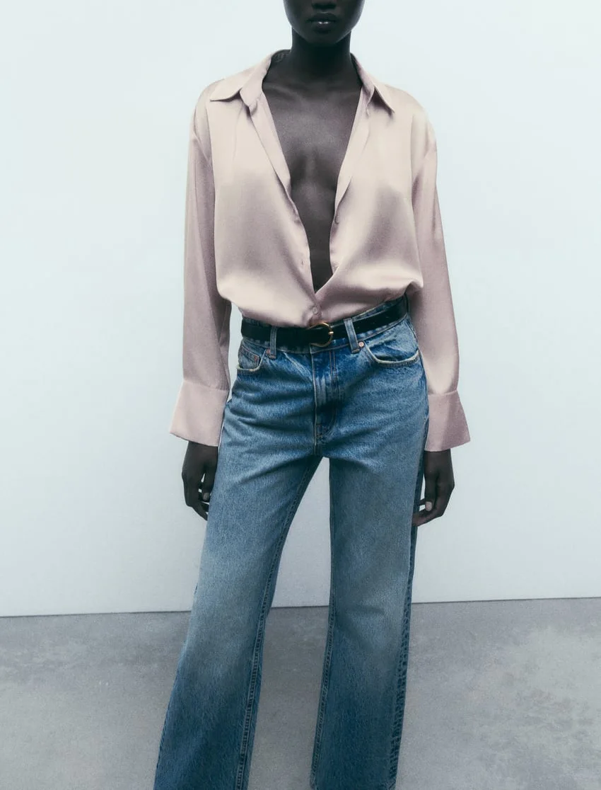 Spring New Loose Long Sve Single Button Silk Satin Drape irt Women's Commute Sle  Collar Polyester Fiber 874236