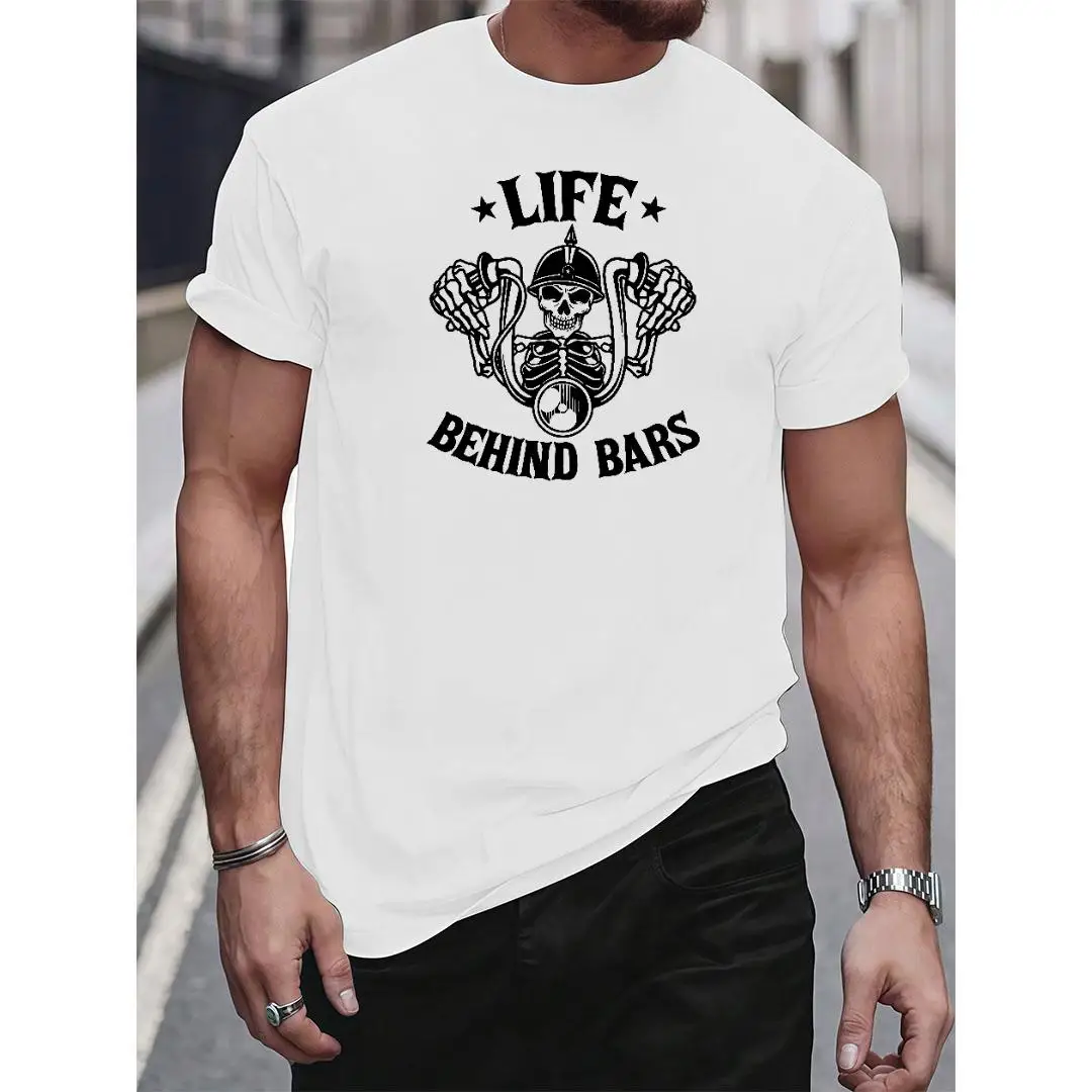 

Life Behind Bars Motorcycle T-Shirt Men Women Biker Skull Rider Tee Chopper Skeleton Graphic Funny Motorcyclist Gift Casual Wear