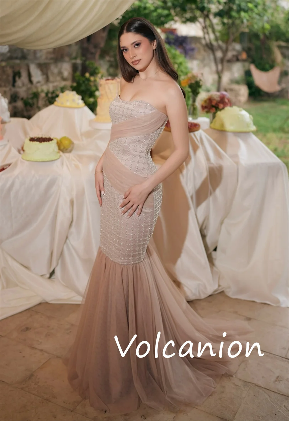 Customized Modern Style Chiffon Sequined Pleat Trumpet Strapless Long Dresses Bespoke Occasion Elegant