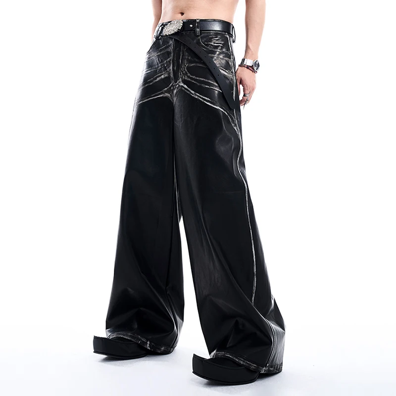 FEWQ PU Leather Men\'s Casual Pants Autumn Winter Wide Leg 2024 Darkwear Patchwork Loose Male Trousers Korea Fashion 24E2711