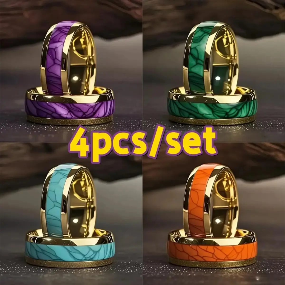 4Pcs Fashion 8mm Golden Stainless Steel Rings with Green/Blue/Orange/ Purple Stone Rings Set For Men Women Wedding Party Jewelry
