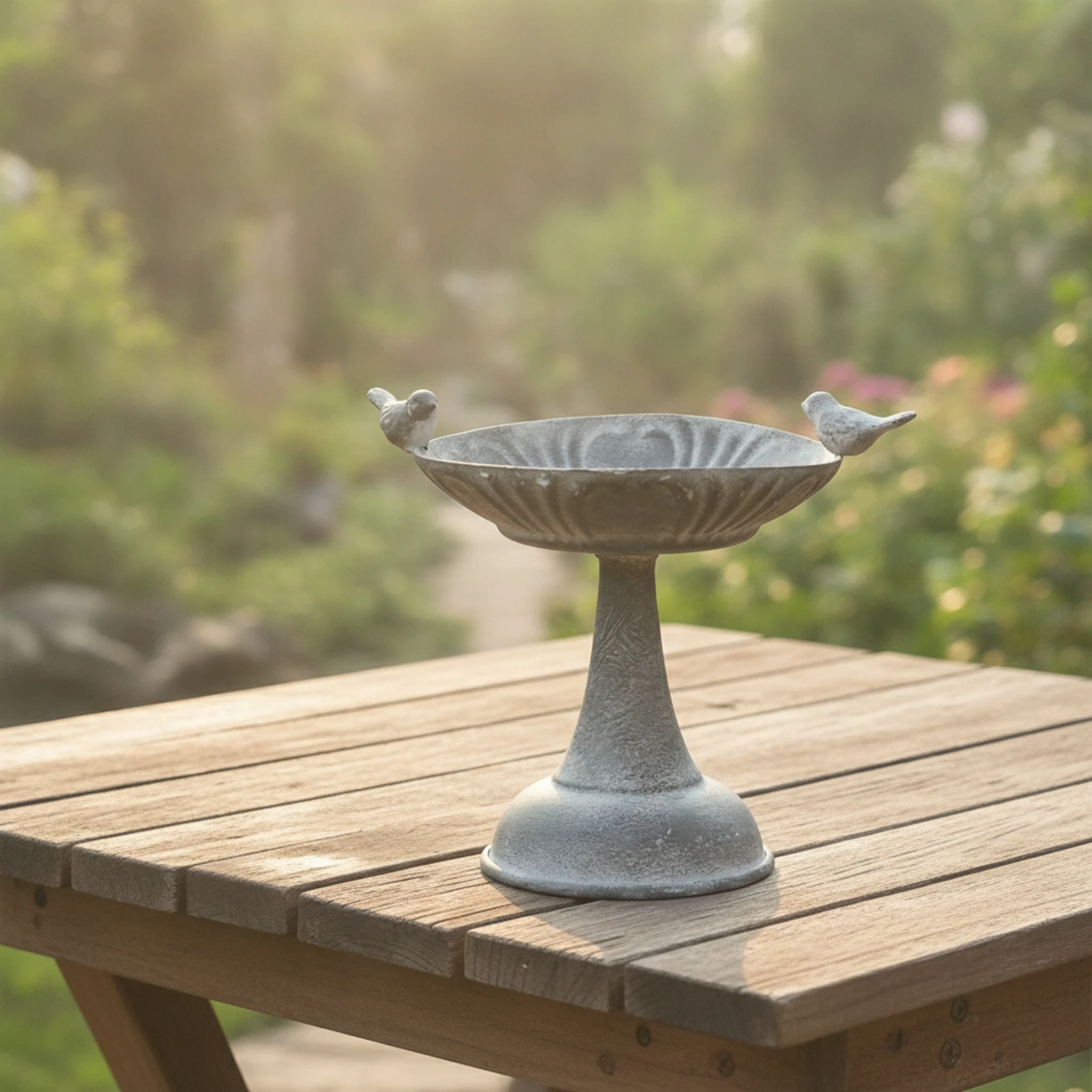 Decorative Bowl with Birds Weathered Metal Pedestal Dish Planter Stand Lightweight Compact for Decorators, Garden Table, Patio view 6