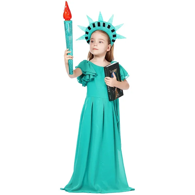 Girl American Statue Of Liberty Costume Purim Halloween Ancient Greek Roman Robe Children's Day Carnival Cosplay Fancy Dress