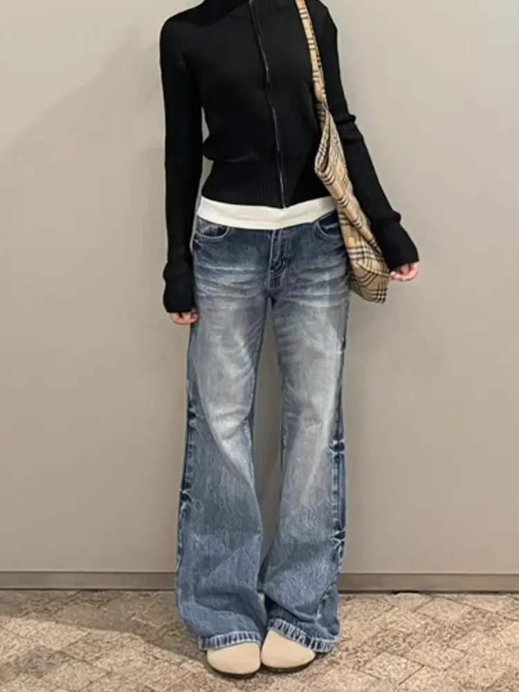 Women Low Rise Flare Jeans American Vintage Wash Loose Wide Leg Denim Pants Autumn New Streetwear Daily Casual Trendy Trousers