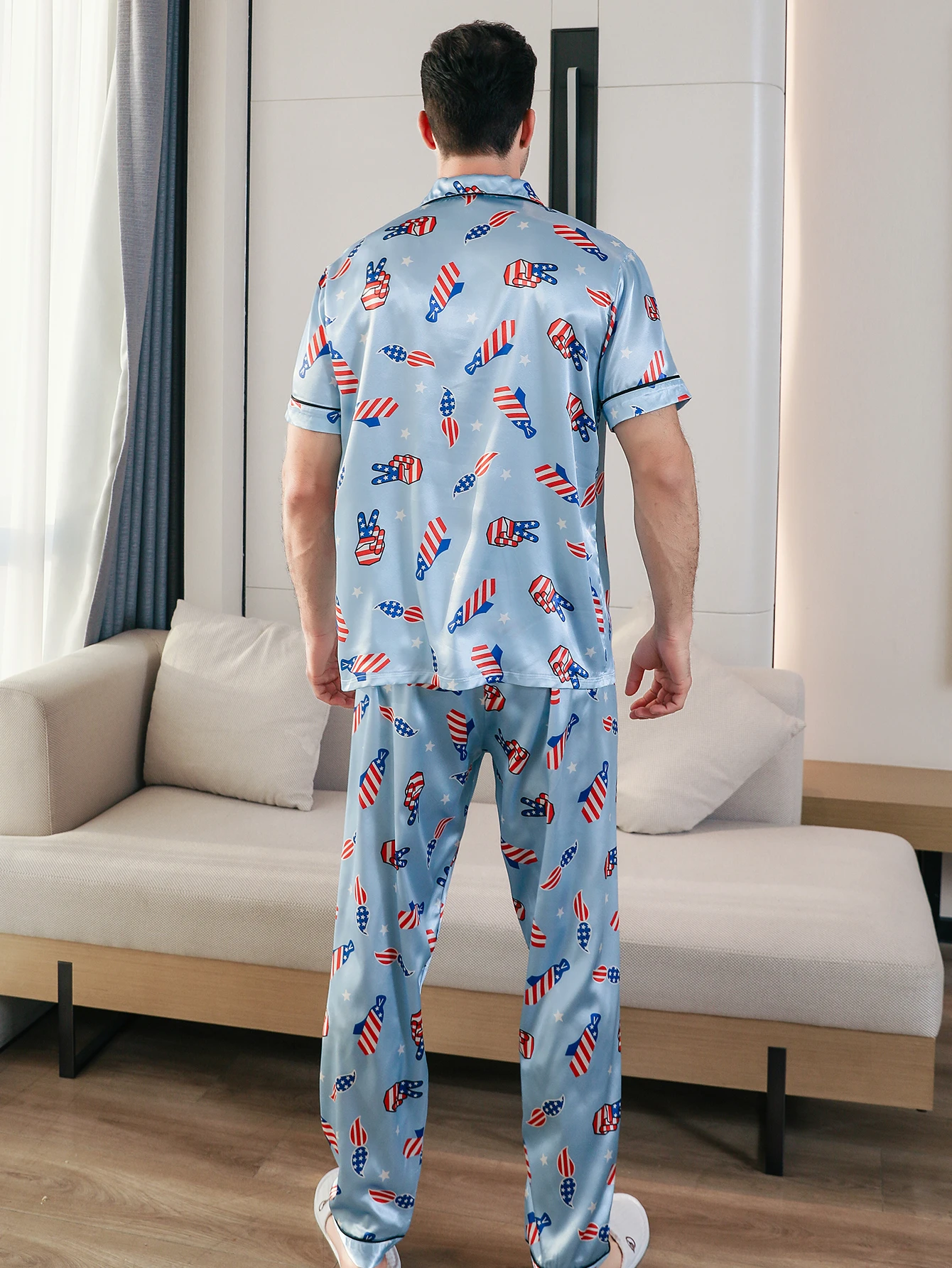 Conjunto de pijama de dos piezas para hombre pantalones de manga corta de verano ropa de casa con estampado de gestos de mano ropa de dormir