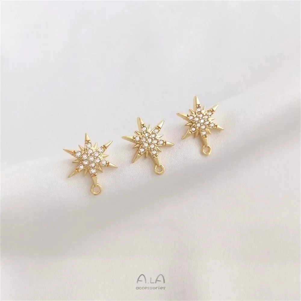 

14K Gold Micro Inlaid Zircon Six Pointed Star with Hanging Rings DIY Earrings 925 Silver Needle Ear Jewelry Earring Accessories