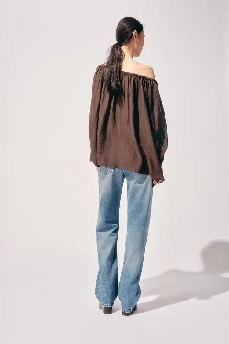 BB6670 2025 Summer New Women's Loose One Word Collar Off Shoulder Bubble Collar Long Sleeve Shirt Top 4043010