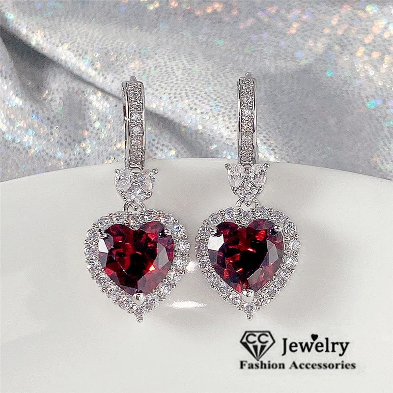 Heart Stud Drop Earrings For Women Red Cubic Zircon Brincos Love Fine Jewelry Bridal Engagement Wedding Accessories CCT-03