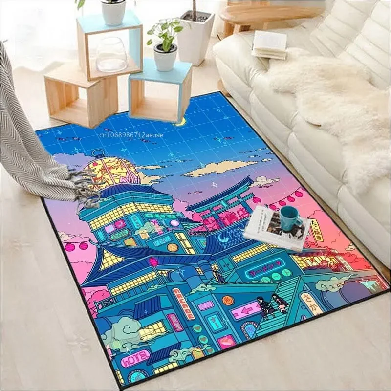 Japan Nacht Anime Neon Neu Sterne Tokio Mat Aesthetic Japan Anime Carpet Children Bedroom Rug Non-slip Soft Kids Play Floor Mat