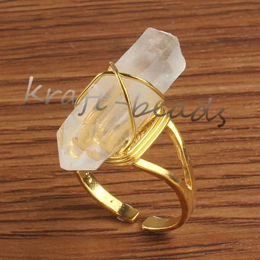 Wire Wrapped Natural Raw Irregular Rock Crystal Quartz Pillar Stone Resizable Size Finger Ring  Women Girls Jewelry Gifts