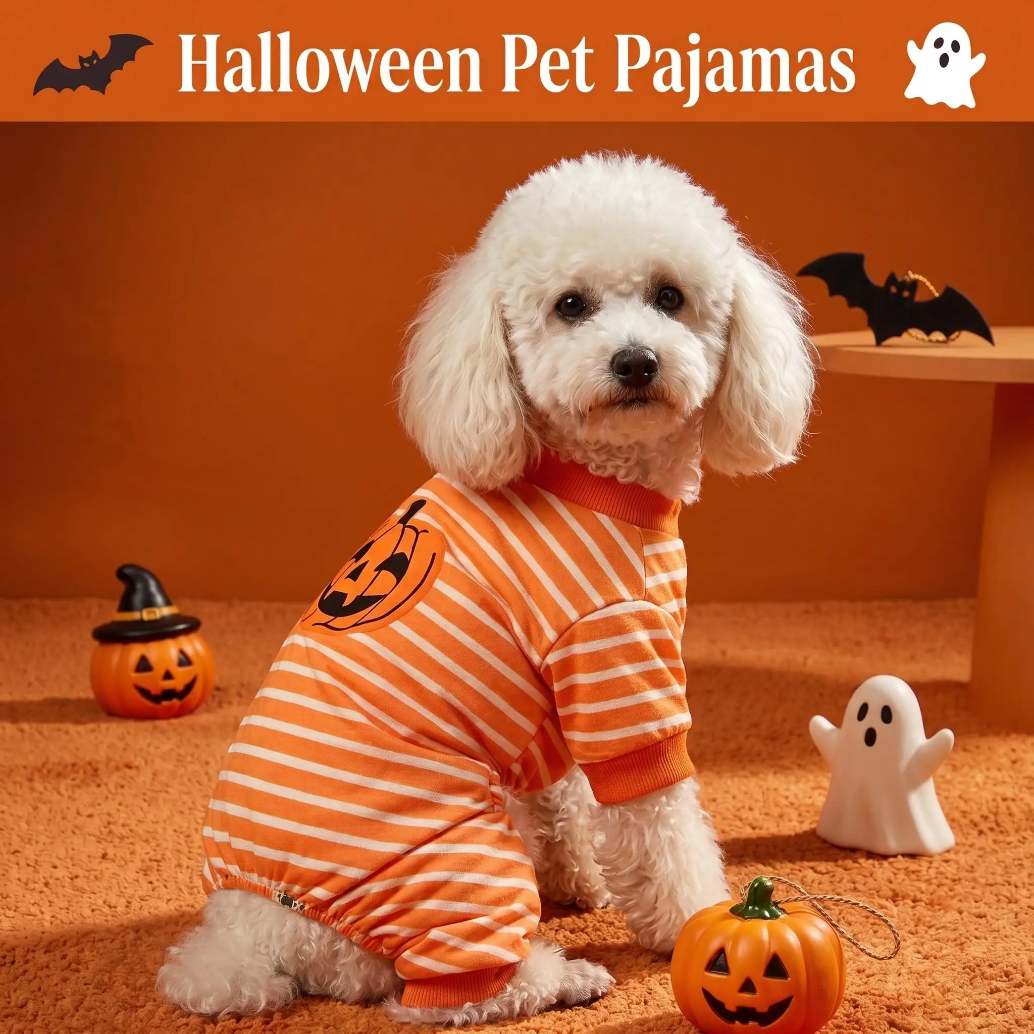 Halloween Orange-Weiß Gestreifter Hunde-Vierbeiner-Anzug Kürbis-Patch Welpen-Bodysuit Einteiler Pyjama Kleidung für Kleine Mittelgroße Hunde Katzen – Detail 7