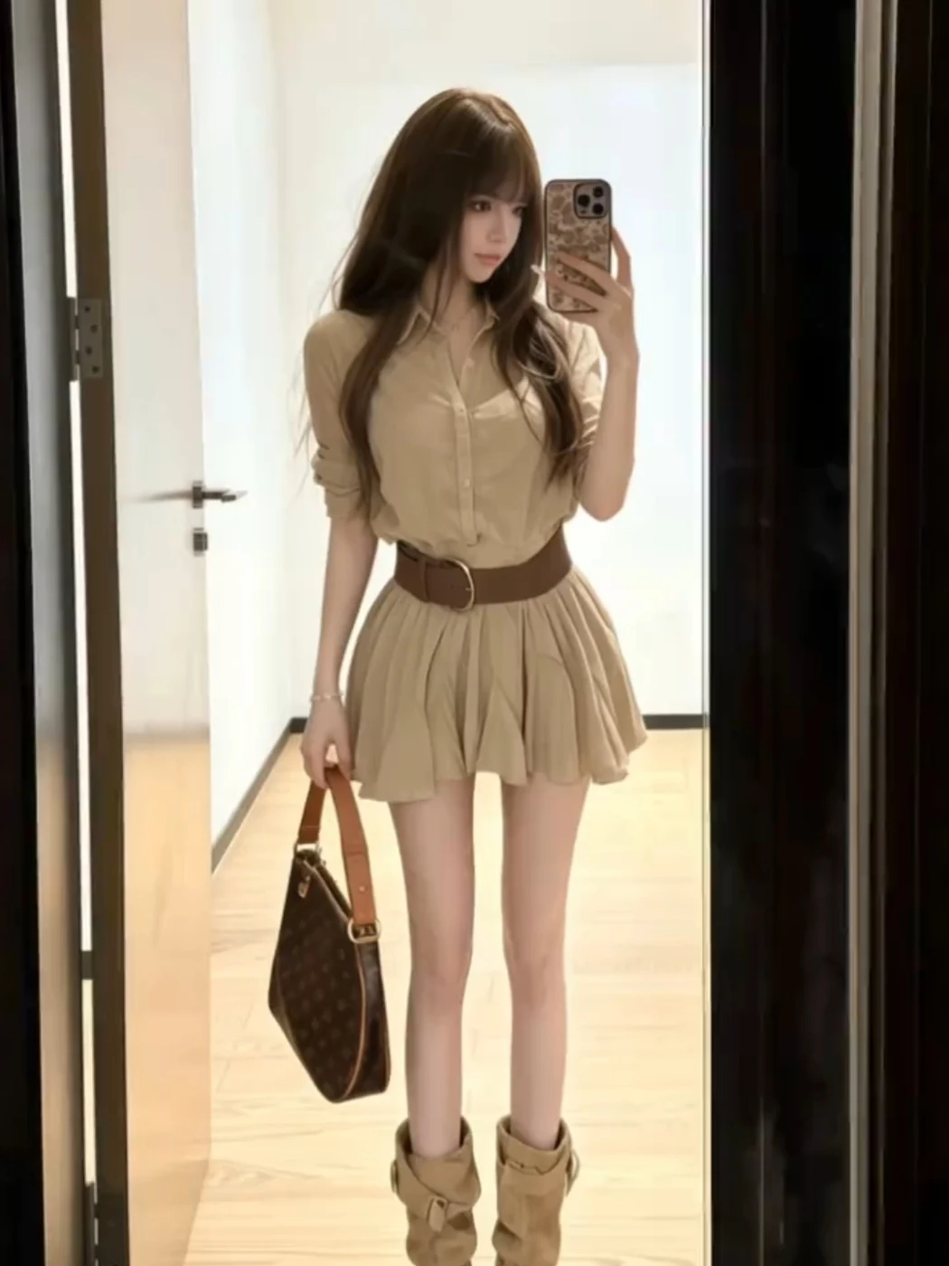 

Elegant Vintage Short Sleeve Shirt Dress Women's Summer Slimming A-Line Skirt Flounce Waist Design Ultra-Soft Fabric CityWalk