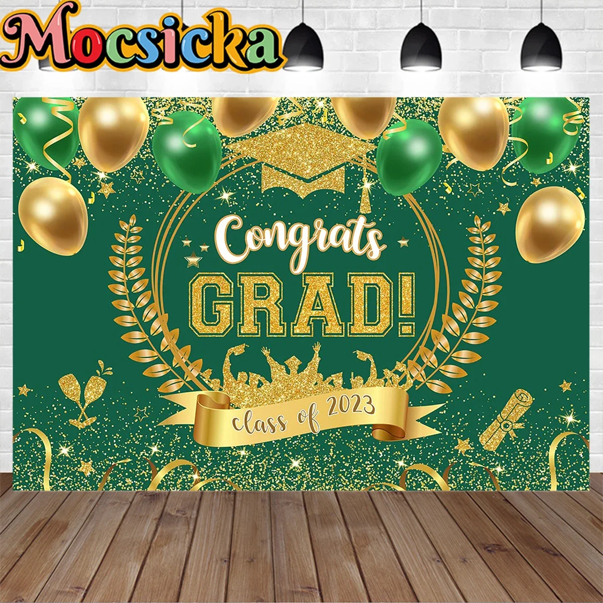 

Congrats Grad Class of 2023 Graduation Party Decor Backdrop Gold Green Balloon Prop Ribbon Wheat Photography Background Student