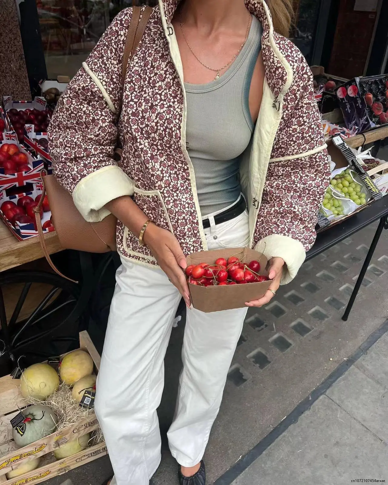 Chaqueta gruesa con estampado Floral para mujer, abrigo cálido de algodón con bolsillo, holgado e informal, a la moda, otoño e invierno, 2023