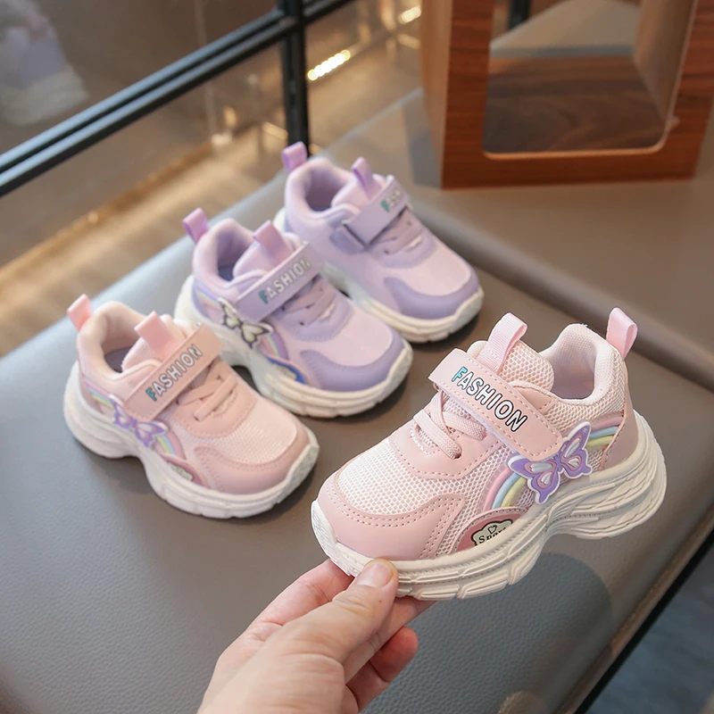 

Детская повседневная обувь, кроссовки из сетчатой искусственной кожи, летняя обувь для девочек, противоскользящие туфли с бабочками на липучке, размер 21-30