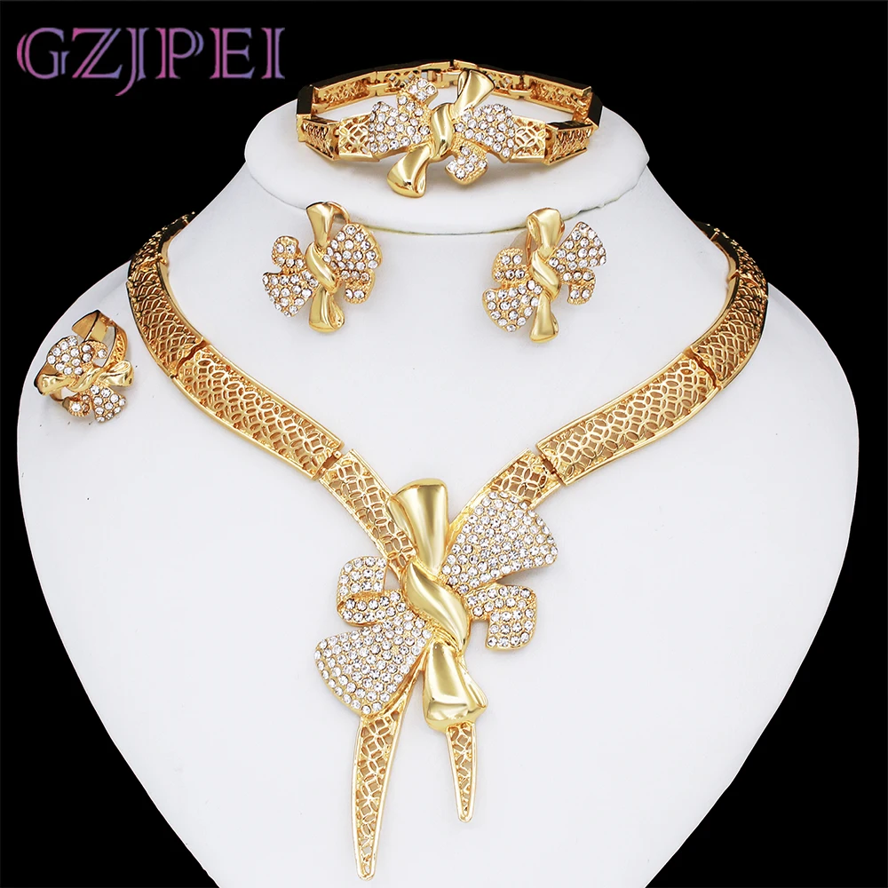 

Italy 18k Gold Plated Women Jewelry Set Classic Design Bowknot Necklace Earring Bracelet And Ring 4PCS Set Jewelry Wedding Party